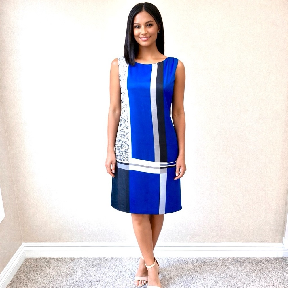 Max Studio Blue Colorblock Sheath Dress Sleeveless Graphic Print Knee Sz L NWT